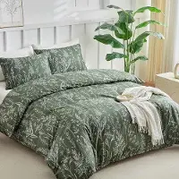 Benza Ensemble de literie Ibenzoa (microfibre), couleur vert olive, avec motif botanique – 200 x 200 cm, comprenant 1 housse de couette et 2 taies d'oreiller, fermeture à glissière et coins renforcés