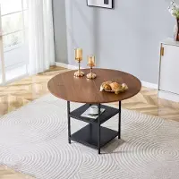 SUCCESS COURIER Table de salle à manger ronde, Ø 107 cm, aspect noyer – Table de cuisine avec tablette et piètement métallique – Design moderne pour 2 à 4 personnes