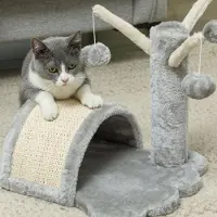 SUCCESS COURIER Arbre à chat 40 cm Petite tour pour chats avec grotte, 2 balles de jeu, tapis grattoir, arbre à chat, arbre à grimper, pour petits & grands chats, gris clair
