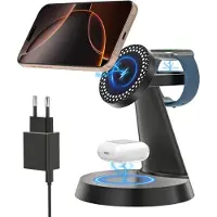 JGD -Chargeur Induction 3 en 1 Magnétique, 15W Chargeur sans Fil Rapide, 15W Station de Charge pour iPhone 16/15/14/13/12, AirPods Pro 4 3 2 Apple Watch(Adaptateur Inclus)-Noir