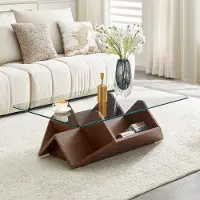 SUCCESS COURIER Table basse multi-rangement en verre trempé & MDF, finition noyer avec grands compartiments, moderne pour salon & bureau