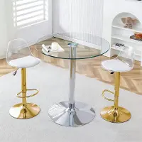 SUCCESS COURIER Ensemble de bar, table ronde en verre de 89 cm + 2 tabourets de bar réglables en hauteur, pieds dorés, pivotants