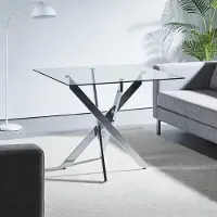 SUCCESS COURIER Table à manger avec pieds métalliques en croix et plateau en verre trempé, table de cuisine moderne et peu encombrante pour le salon, pieds chromés, table carrée, pieds argentés, 80 x 80 x 75 cm