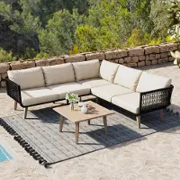SUCCESS COURIER Ensemble de mobilier de jardin - Beige et noir - Acier galvanisé et oléfine - Tissage en corde et aspect bois