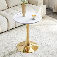 SUCCESS COURIER Table d'appoint ronde de 60 cm / petite table à manger en MDF : plateau fabriqué selon une technologie de thermoformage de haute qualité, aspect veiné blanc, pied de soutien doré – p