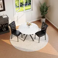 SUCCESS COURIER Table ronde en marbre + 2 chaises en similicuir noir capitonnées, pieds en métal, ensemble pour salle à manger et cuisine