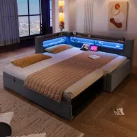 Flieks Lit rembourré 90 x 200 cm / 180 x 200 cm avec LED, canapé-lit avec lit gigogne, lit de jour pour adolescent avec ports USB et Type-C, lit de jour en lin, gris