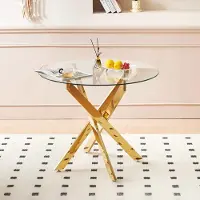 SUCCESS COURIER Table de salle à manger avec pieds métalliques en croix et plateau en verre trempé, table de cuisine moderne et peu encombrante pour le salon, pieds chromés, table ronde, pieds dorés, 80 x 80 x