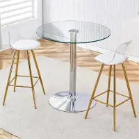 SUCCESS COURIER Ensemble de bar, table ronde en verre de 89 cm + 2 tabourets de bar, pieds dorés/argentés, réglables en hauteur