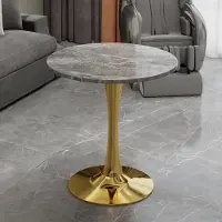SUCCESS COURIER Table basse dorée de 70 cm, table à manger de style moderne du milieu du siècle, pouvant accueillir 2 à 4 personnes, dotée d'un plateau rond en marbre aux veines gris foncé