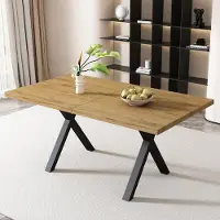 SUCCESS COURIER Table à manger, design à pieds croisés, table à manger rectangulaire, table basse, table à manger moderne et simple en fer forgé, L140 x l80 x H76 cm, chêne + noir
