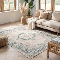 FRAAI Tapis vintage - Spring Medallion Crème/Vert | 280x380 cm | Rectangulaire | Pile courte