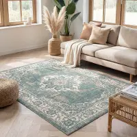 FRAAI Tapis vintage - Spring Medallion Vert/Crème | 120x170 cm | Rectangulaire | Pile courte
