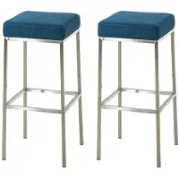 CLP - Ensemble de 2 tabourets de bar modèle Montreal, avec assise et structure rembourrées en tissu, et repose-pieds. Couleur : bleu. Structure en acier inoxydable