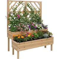 Relaxdays Jardinière avec treillis , H x l x P : 135 x 109 x 62 cm, en bois, avec 2 bacs à fleurs et un brise-vue, jardinière surélevée, couleur naturelle