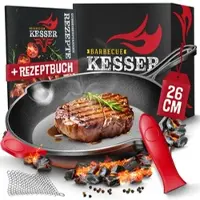 Kesser Poêle en fonte | Poêle à frire en fonte compatible induction, pour grill et four, pré-huilée | Inclus : poignées de protection, livre de recettes et outil de nettoyage - 26 cm