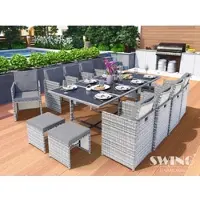 Swing&Harmonie Poly rotin Ensemble de meubles de jardin table à manger Lounge 13 pièces Set 1x table + 8x chaises + 4x tabourets - gris