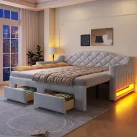 Flieks Canapé-lit 90 x 200 cm avec lit gigogne, lit de jour avec 2 tiroirs, lit rembourré pour adolescent avec cuir, lit en bois pour invités en velours, gris