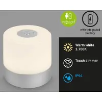 B.K.Licht Mini lampe de table LED dimmable 3 niveaux 70mm ronde 2700K lumière blanche chaude IP44 batterie USB C argentée lampe mobile salon chambre extérieur