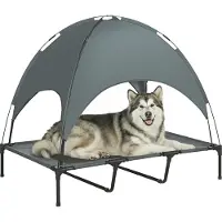 SUGIFT , lit pour chien avec toit, panier pour chien d'extérieur surélevé avec auvent, tissu en filet respirant, gris | Distance du sol : 18 cm | Structure en acier | 122 x 92 x 108 cm