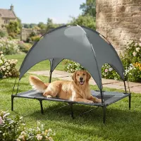 SUGIFT Lit pour chien d'extérieur surélevé avec baldaquin, panier pour chien avec toit, tissu en maille respirant, gris | 122 x 92 x 108 cm | Structure en acier | Hauteur au sol : 18 cm