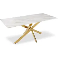 Menzzo Table à manger Naelle en Verre effet Marbre Blanc et pieds Or