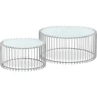 Menzzo Ensemble de 2 tables basses rondes Universe Verre Blanc et Métal Gris