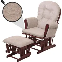 Mendler Fauteuil relax HWC-C76, fauteuil à bascule Fauteuil à bascule avec pouf Tissu/Textile chenille (465g/m²) crème, piètement foncé