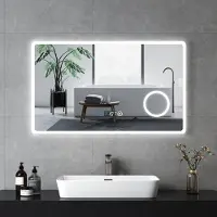 Emke Miroir de salle de bain miroir mural LED 100x60cm avec interrupteur tactile grossissement miroir de maquillage 3 couleurs de lumière et horloge
