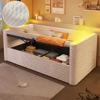 Flieks Canapé-lit hydraulique 90x200cm avec espace de rangement, lit rembourré avec Led, lit de rangement pour jeunes avec sommier à lattes, lit de jour Daybed velours, Beige