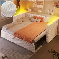 Flieks Canapé-lit 90x200cm/180x200cm, Lit rembourré avec lit extensible, Lit d'adolescent simple avec Led, Lit de jour Daybed Velours, Beige