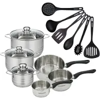 Fackelmann Batterie de cuisine avec 3 casseroles 12/16/20 cm et 3 faitouts 16/20/24 cm avec 6 ustensiles de cuisine sans PFAS Généva Brillant Fénix