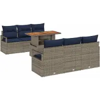vidaXL Ensemble de salon de jardin , 7 pièces, 6 places, gris et bleu marine