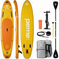 Peme Planche de stand up paddle - Bright Sun - 350 cm - Pagaie double et accessoires complets, SUP, planche de surf gonflable, jusqu'à 166 kg, - Jaune et orange
