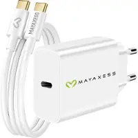 Avizar Mayaxess, chargeur 20 W pour iPhone 15 + câble USB-C de 1 m, blanc