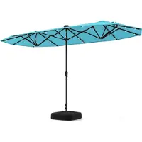 Costway Double parasol 400x200cm avec manivelle, support & LEDs, Grand parasol XXL, UPF 50+, Parasol de terrasse Parasol de marché Turquoise