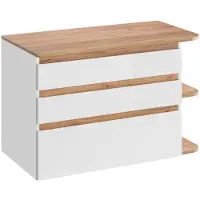 Meublorama Meuble sous vasque ASKA 94 cm blanc brillant et aspect chêne – Modèle suspendu avec tiroirs