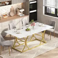 Merax Table de salle à manger 200 x 80 cm, table aspect marbre pour 8 à 10 personnes, table de salle à manger en MDF avec pieds métalliques dorés, style moderne, blanc et or