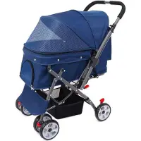 OEM Poussette pour chiens et chats à quatre roues, résistante aux chocs, bleue, réglable, pliable