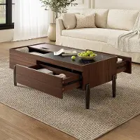 OEM Table de salon en bois brun foncé, plateau en verre, tiroirs, pieds en métal