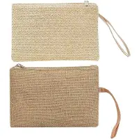 OEM 1 sac tissé beige, 1 sac fourre-tout kaki, une pochette en paille pour femme, style bohème, un sac de plage estival, un portefeuille à fermeture éclair