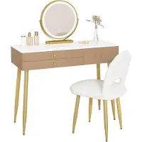 OEM Coiffeuse avec éclairage et miroir LED orientable - Coiffeuse élégante avec 3 stations de recharge et pieds en velours - Kaki + Or
