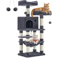 Markenlos Arbre à chat de 112 cm de haut avec 11 poteaux à griffer - 2 plateformes - 1 niche - 1 hamac - 2 pompons - gris fumé - tissu peluche