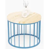 LAMO Manufaktur Table basse ronde en bois et metal 50 x 37 cm - Table d'appoint canapé pour salon moderne - Design scandinave, style industriel, touche déco chic - Couleur : Naturel, pieds : Bleu