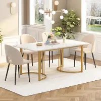 SUCCESS COURIER Table à manger de luxe (140 x 80 cm) aspect marbre blanc, table de cuisine moderne avec pieds en métal doré, table à manger design robuste avec pieds réglables, pour 4 à 6 personnes