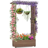 Costway Jardinière en bois avec treillis et toit suspendu 110x44x182cm Marron