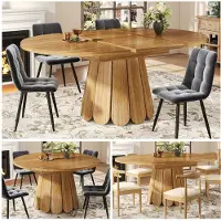 SUCCESS COURIER Table à manger ronde à rallonges (Ø 118-158 cm) de couleur marron, table de cuisine vintage pour 6 personnes, table à manger ovale avec pied central design et piètement en métal