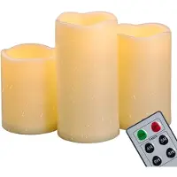Unyqoos Ensemble de 3 bougies LED , étanches, couleur ivoire, fonctionnant sur piles, avec télécommande et minuterie, en plastique, effet flamme vacillante, pour une utilisation en extérieur