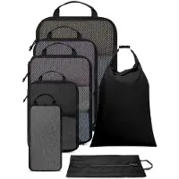 Unyqoos Ensemble de cubes de rangement de voyage comprenant 7 pièces : 3 cubes de compression, un cube tubulaire, un sac à chaussures et un sac à linge, gain de place, en polyester/maille