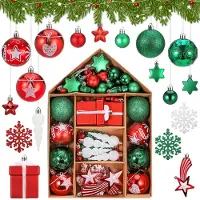 Unyqoos Ensemble de 70 boules de Noël en PP résistant aux chocs, avec crochets et cordons de suspension, pour sapin de Noël, rouge/vert/blanc, présenté dans une boîte